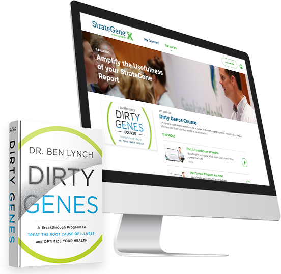 Image of Dirty Genes book along with screen shot of Education page on the StrateGene website